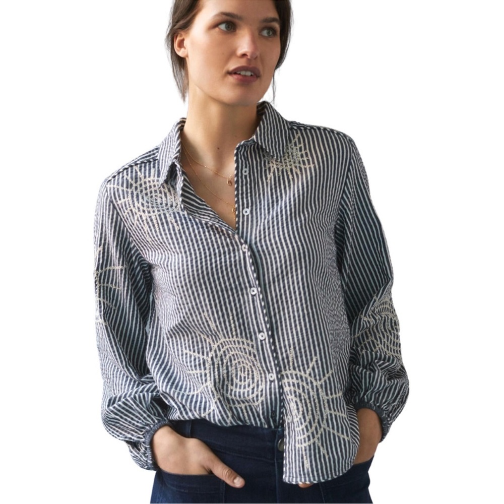 NWT Anthropologie Maeve Shirt Blue White Striped Embroidered Button Up